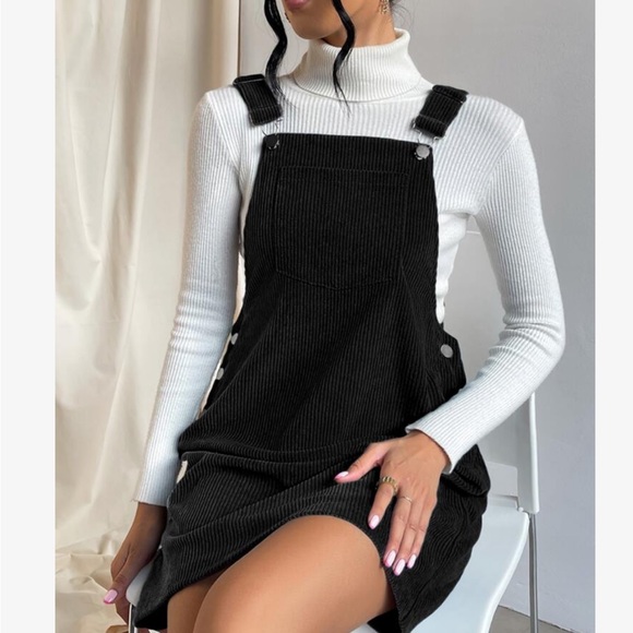 Dresses & Skirts - Classic Elegant Corduroy Solid Pocket Jumper Overall Dress Without Sweater BLACK